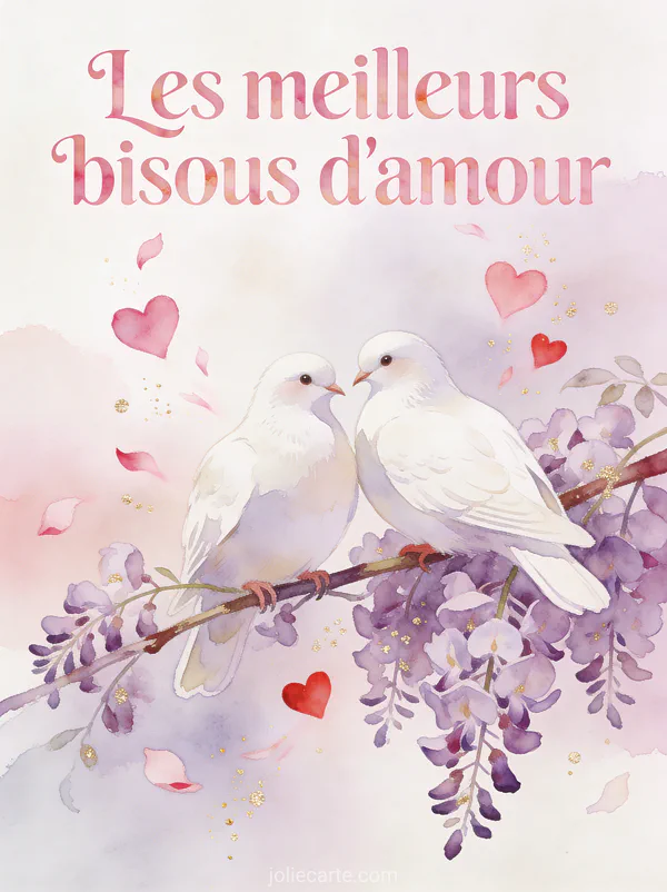 Deux colombes blanches sur une branche de glycine mauve avec des cœurs roses virevoltants et le texte Les meilleurs bisous d'amour