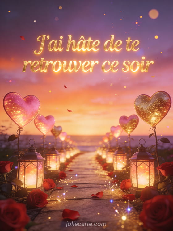 Chemin romantique bordé de lanternes en forme de cœurs lumineux au crépuscule avec pétales de roses et étincelles et le texte J'ai hâte de te retrouver