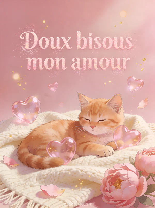 Chaton roux au regard tendre couché sur un plaid crème avec des cœurs roses flottants et des pétales de pivoines et le texte Doux bisous mon amour