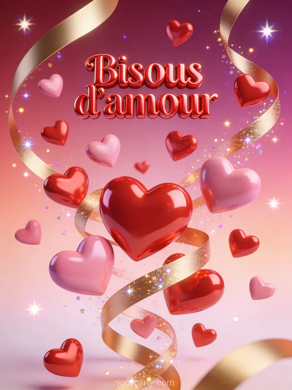Dizaines de cœurs rouges et roses en 3D volant et tourbillonnant avec des rubans dorés et des particules scintillantes et le texte Bisous d'amour
