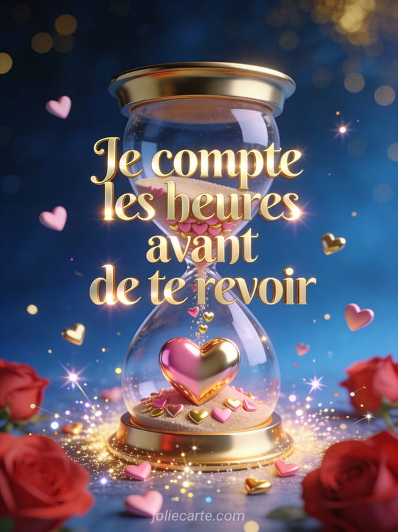 Sablier doré avec sable de petits cœurs roses et dorés entouré d'étincelles et roses rouges sur fond bleu nuit et le texte Je compte les heures