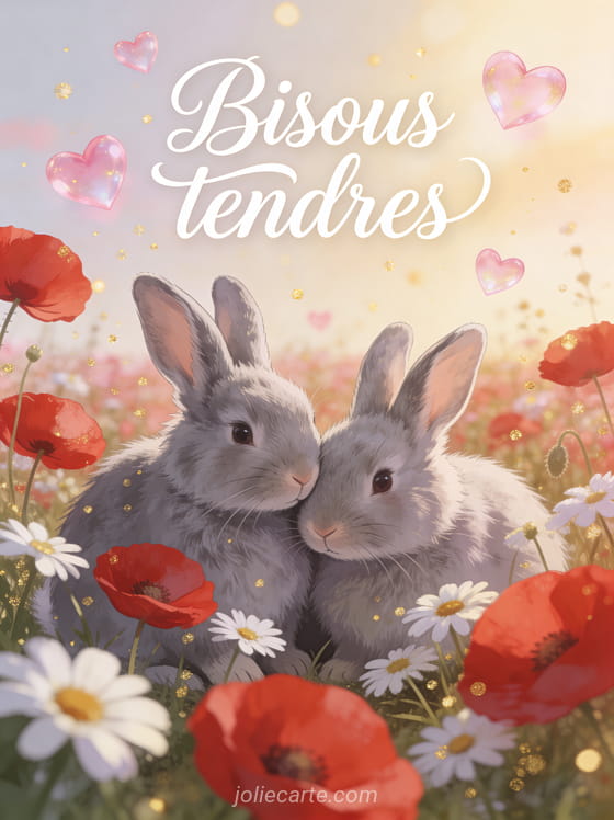 Deux lapins gris blottis l'un contre l'autre dans un champ de coquelicots et marguerites avec des cœurs roses flottants et le texte Bisous tendres