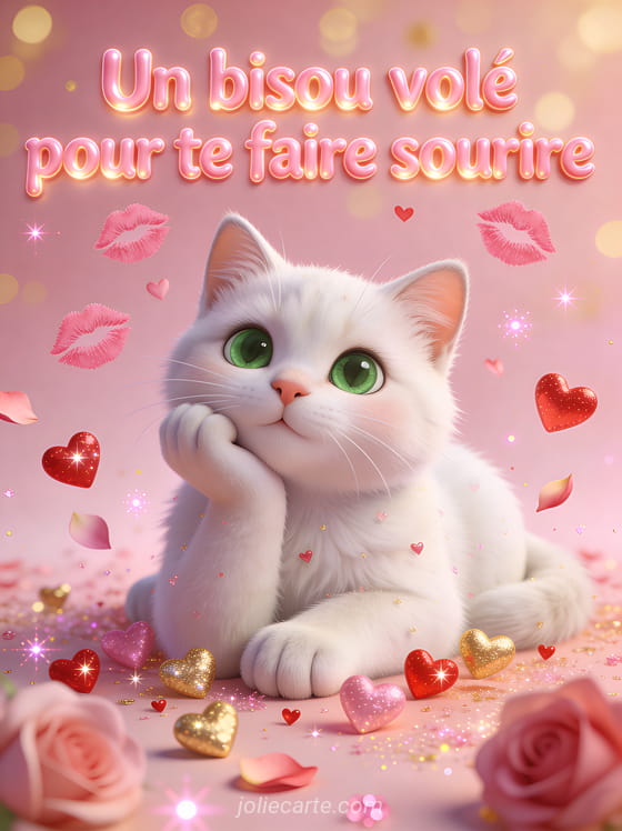 Adorable chaton blanc aux grands yeux verts entouré de petits cœurs roses et dorés scintillants avec traces de bisous et le texte Un bisou volé