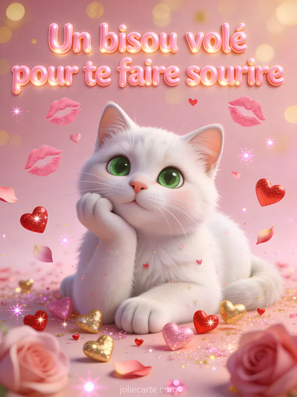 Adorable chaton blanc aux grands yeux verts entouré de petits cœurs roses et dorés scintillants avec traces de bisous et le texte Un bisou volé