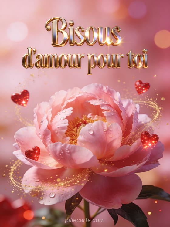 Pivoine rose en gros plan avec des gouttes de rosée et des cœurs rouges scintillants avec des particules dorées et le texte Bisous d'amour pour toi