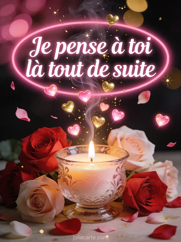 Bougie parfumée allumée entourée de roses rouges avec petits cœurs lumineux s'élevant et étincelles dorées et le texte Je pense à toi