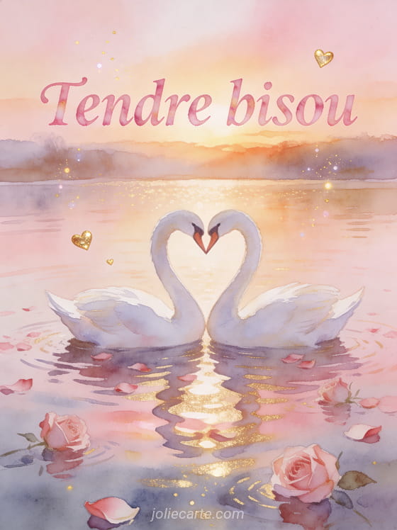 Deux cygnes blancs formant un cœur avec leurs cous sur un lac au coucher du soleil avec des pétales de roses flottants et le texte Tendre bisou
