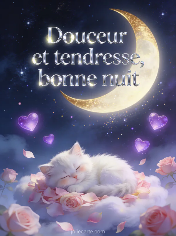 Chaton blanc persan endormi sur des pétales de roses avec des cœurs lumineux dans un ciel étoilé et le texte Douceur et tendresse bonne nuit