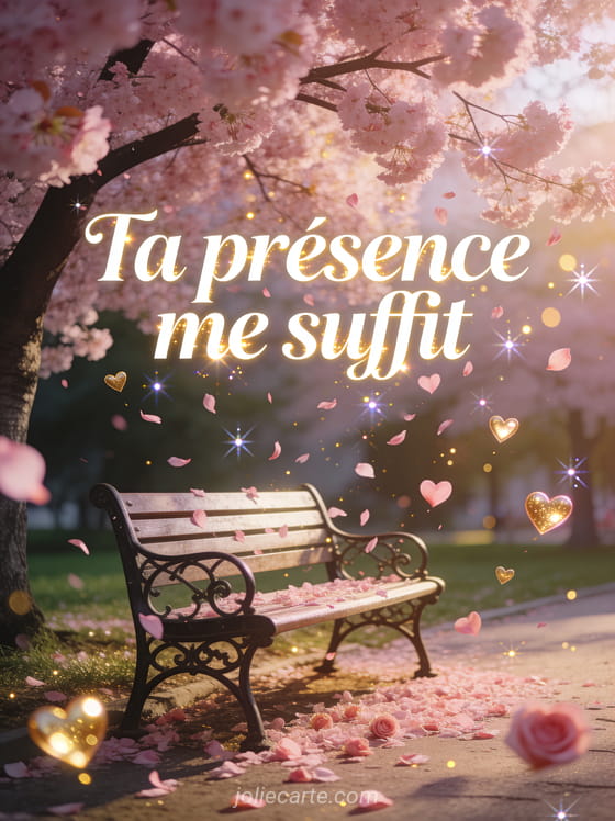Banc de parc sous un cerisier en fleurs avec pétales roses tombant en forme de cœurs et petits cœurs lumineux flottants et le texte Ta présence me suffit