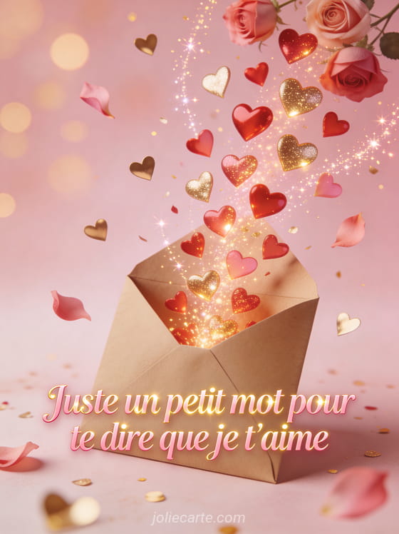Enveloppe ouverte d'où jaillissent des dizaines de petits cœurs rouges roses et dorés lumineux avec confettis et étincelles et le texte petit mot je t'aime