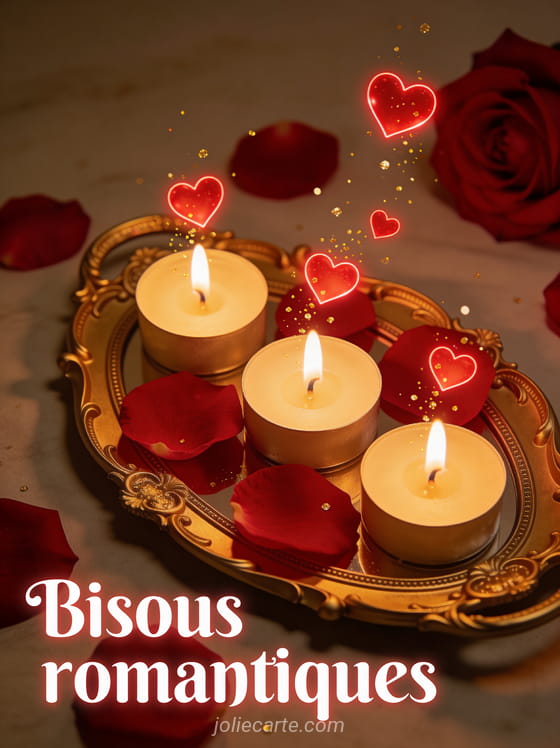 Bougies allumées sur un plateau doré entourées de pétales de roses rouges avec des cœurs lumineux flottants et le texte Bisous romantiques