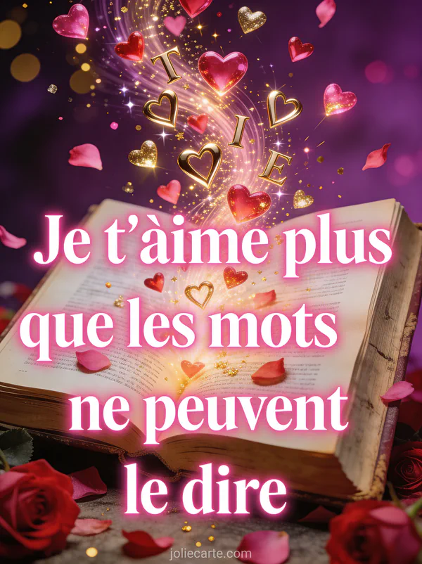 Livre ancien ouvert d'où s'échappent des centaines de petits cœurs lumineux en tourbillon avec étincelles dorées et pétales et le texte Je t'aime plus que les mots