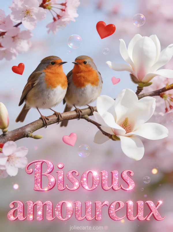 Deux rouge-gorges côte à côte sur une branche de magnolia avec des cœurs flottants et des fleurs de cerisier et le texte Bisous amoureux