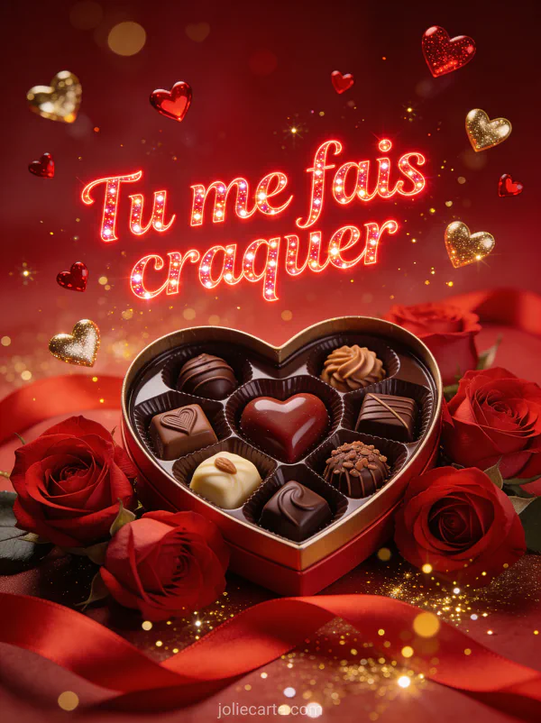 Boîte de chocolats en forme de cœur ouverte entourée de roses rouges avec petits cœurs dorés flottants et étincelles et le texte Tu me fais craquer