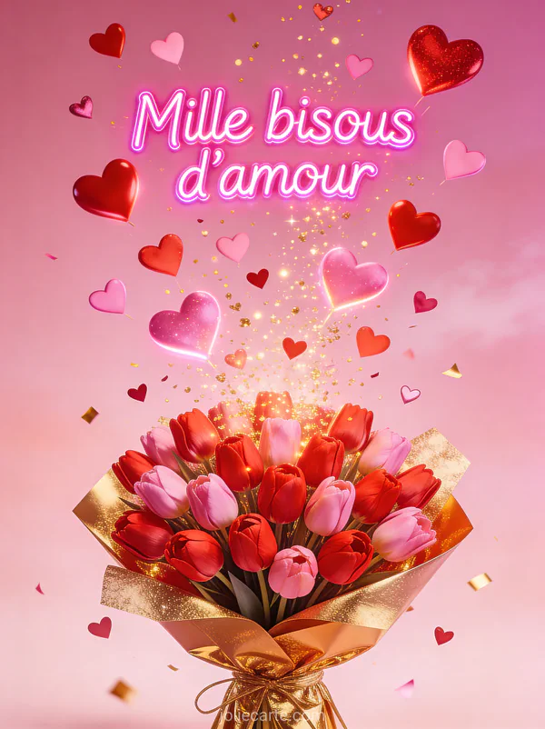 Immense bouquet de tulipes rouges et roses avec des cœurs s'envolant vers le ciel et des confettis dorés et le texte Mille bisous d'amour