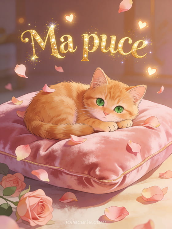 Adorable chat roux blotti sur un coussin rose entouré de pétales de rose et de petits cœurs lumineux avec le texte Ma puce