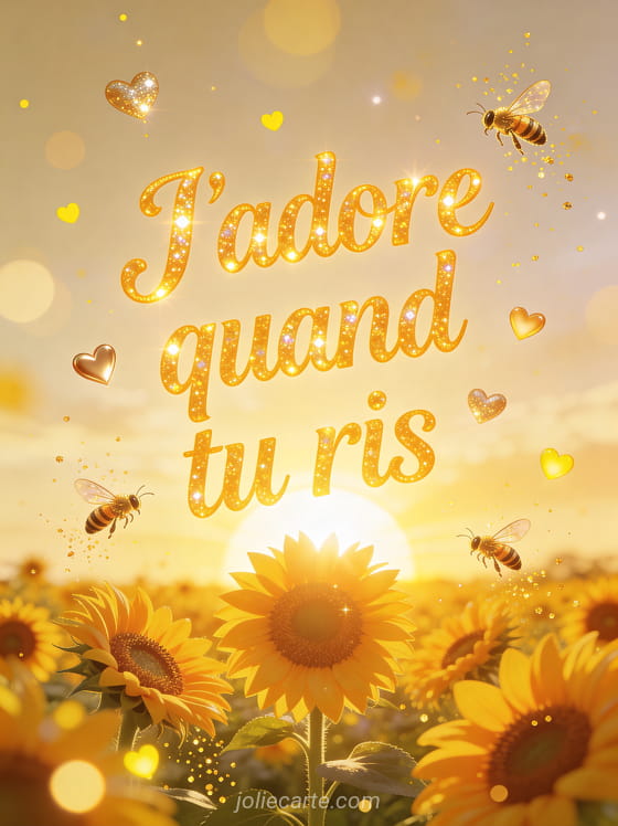 Champ de tournesols éclatants avec petits cœurs dorés lumineux flottants et particules de lumière dorée et le texte J'adore quand tu ris