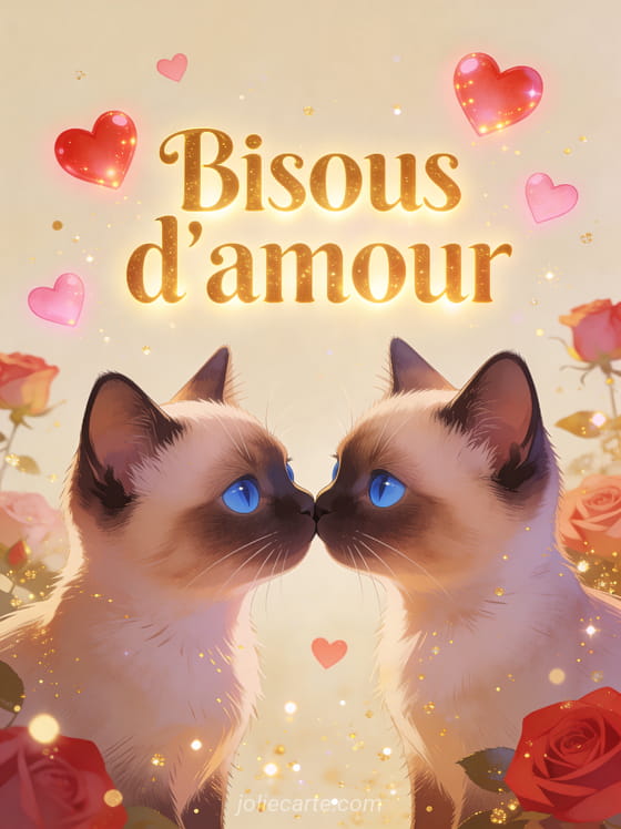 Deux chatons siamois se frottant tendrement le museau entourés de cœurs lumineux et de particules dorées avec le texte Bisous d'amour