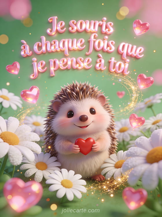 Adorable hérisson tenant un petit cœur rouge entouré de marguerites et petits cœurs roses flottants avec étincelles dorées et le texte Je souris quand je pense à toi