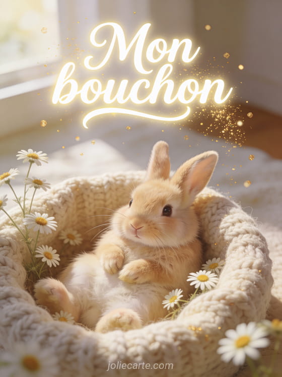 Petit lapin beige au regard tendre dans un nid de laine tricotée entouré de fleurs de camomille et de particules dorées avec le texte Mon bouchon