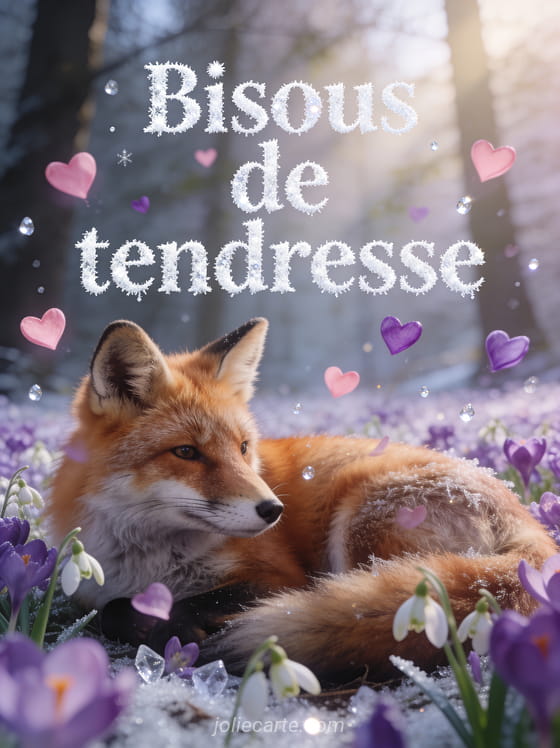 Renard roux au pelage doux couché dans un parterre de violettes et muguet avec des cœurs roses flottants et le texte Bisous de tendresse
