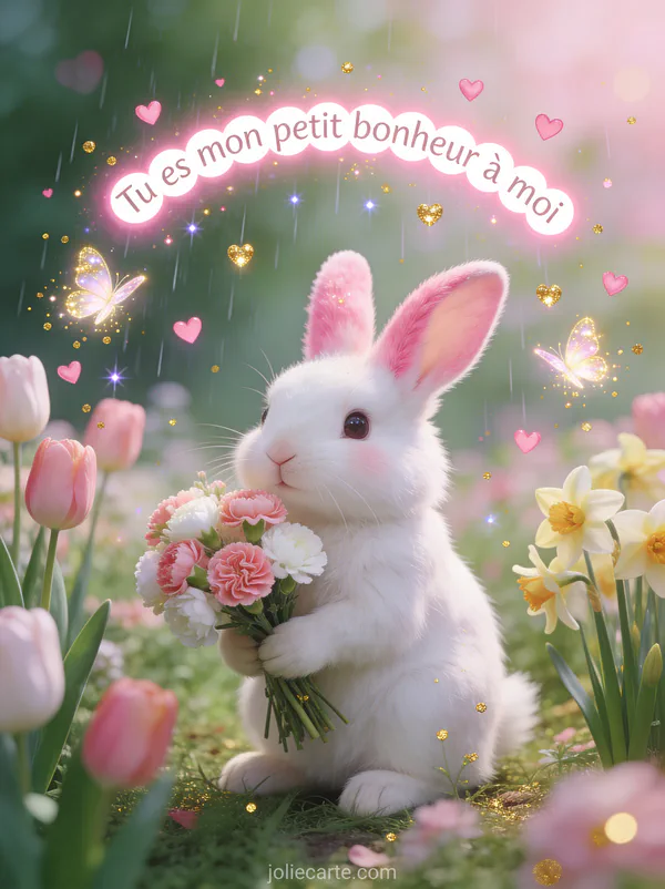 Adorable lapin blanc tenant un bouquet de renoncules dans un jardin fleuri avec petits cœurs scintillants et papillons lumineux et le texte Tu es mon petit bonheur