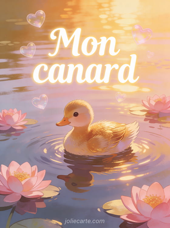 Adorable canard au plumage doré nageant sur un étang avec des nénuphars roses et des cœurs translucides au coucher du soleil avec le texte Mon canard