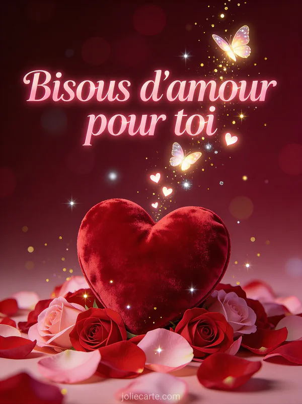 Gros cœur rouge en velours sur un lit de pétales de roses avec des petits cœurs lumineux s'envolant et des particules dorées et le texte Bisous d'amour pour toi