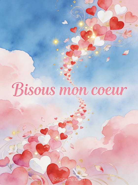 Centaines de cœurs rouges roses et blancs formant une spirale ascendante dans le ciel avec des particules dorées et le texte Bisous mon cœur