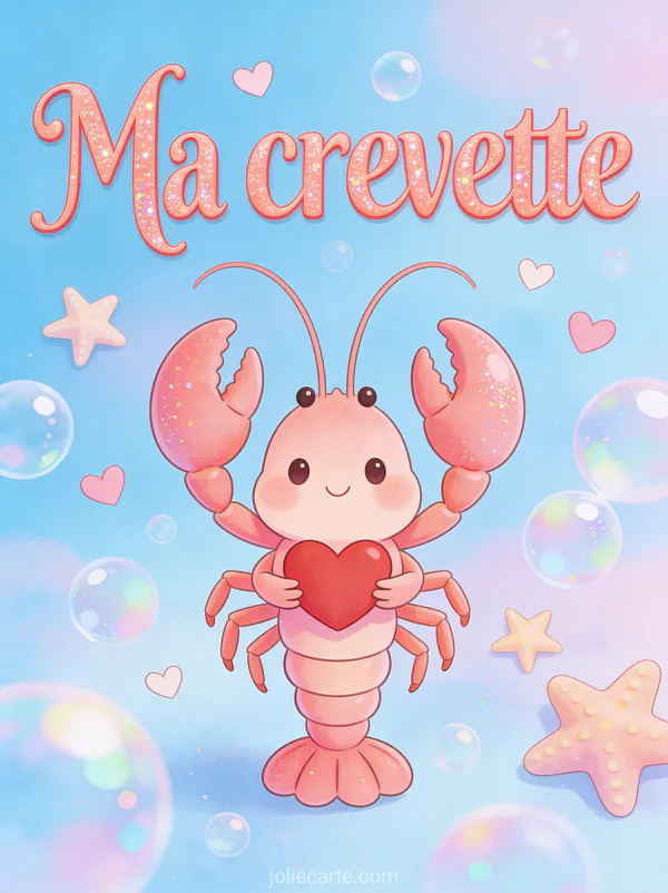 Mignonne crevette rose stylisée tenant un petit cœur rouge entourée de bulles irisées et d'étoiles de mer sur fond bleu pastel avec le texte Ma crevette