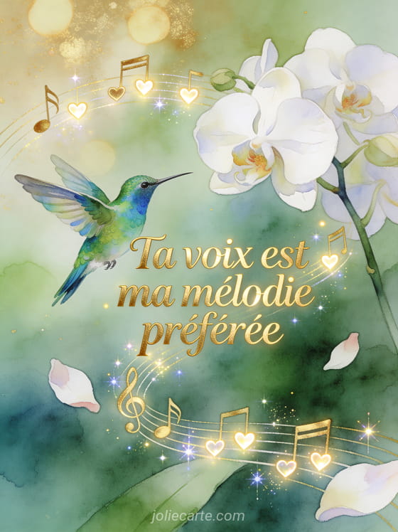 Colibri aux plumes irisées près d'une orchidée blanche avec notes de musique se transformant en cœurs lumineux et étincelles et le texte Ta voix est ma mélodie