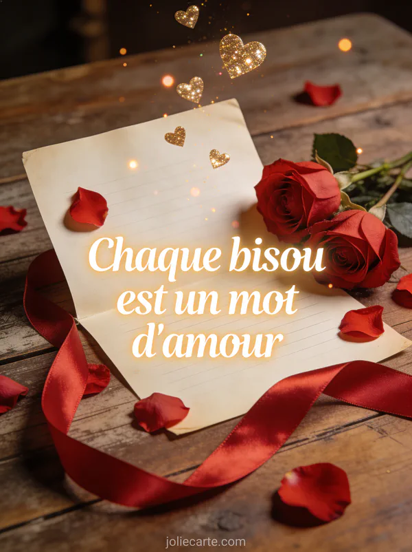Lettre d'amour vintage ouverte sur une table en bois avec un ruban de satin rouge des pétales de roses et des cœurs dorés flottants et le texte Chaque bisou est un mot d'amour