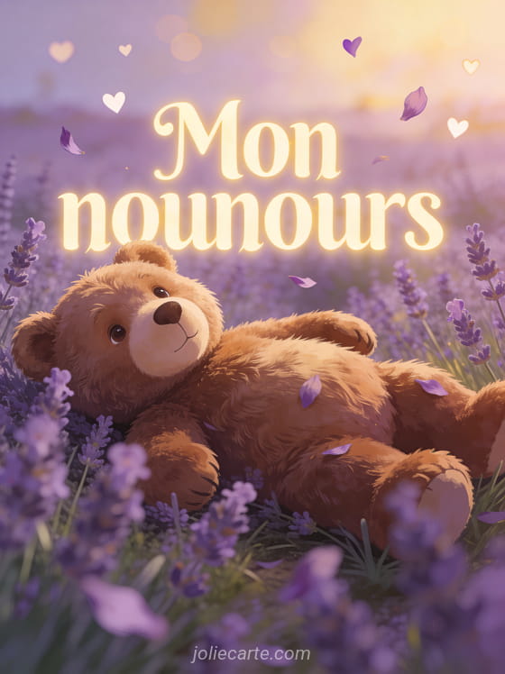 Ours brun au pelage doux allongé dans un champ de lavande avec des pétales violets et des cœurs dans le bokeh doré avec le texte Mon nounours