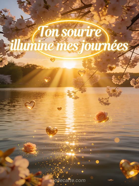 Lever de soleil doré au-dessus d'un lac avec cerisiers en fleurs et petits cœurs dorés lumineux dans les rayons et le texte Ton sourire illumine mes journées