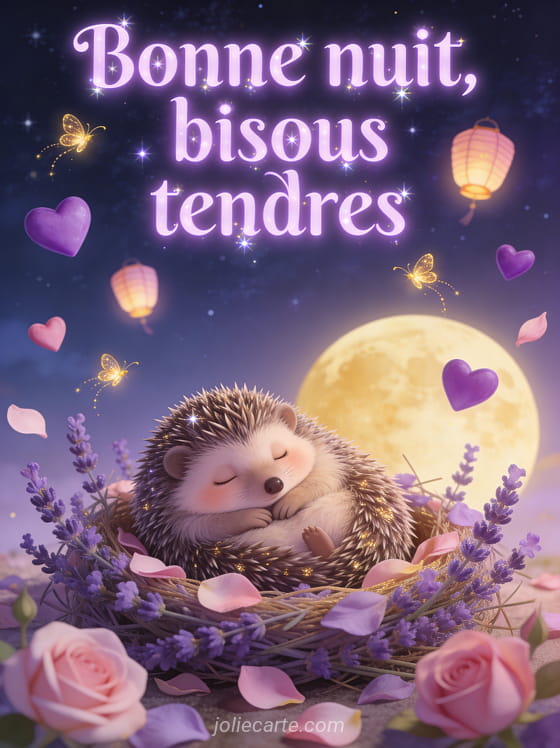 Hérisson mignon endormi dans un nid de lavande avec des cœurs violets flottants et des lucioles dorées sous un ciel étoilé et le texte Bonne nuit bisous tendres
