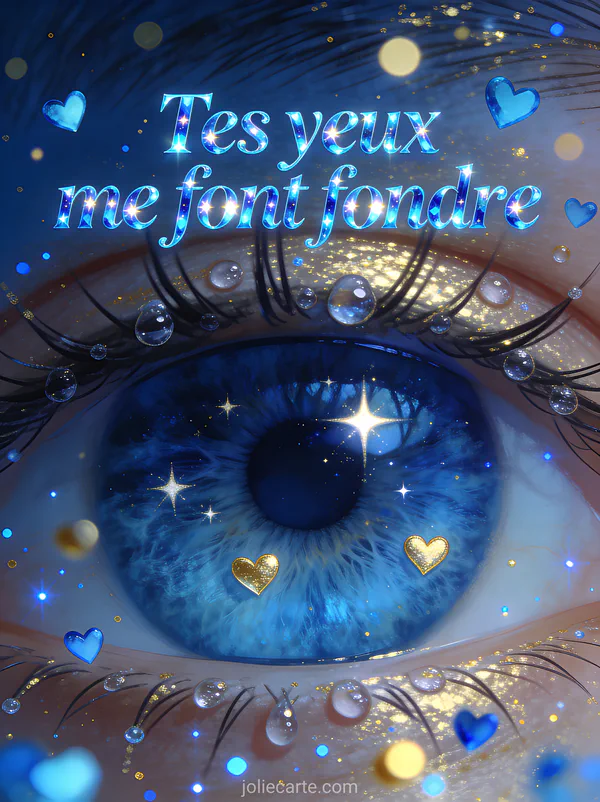 Iris bleu profond reflétant étoiles et petits cœurs dorés entouré d'étincelles et particules lumineuses bleues et dorées et le texte Tes yeux me font fondre