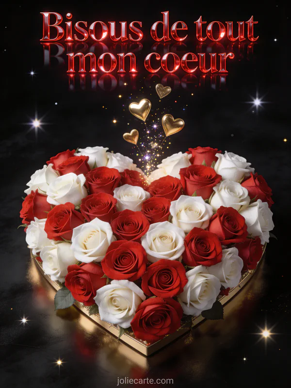 Arrangement de roses rouges et blanches en forme de cœur géant avec des cœurs dorés et des particules scintillantes sur fond noir et le texte Bisous de tout mon cœur
