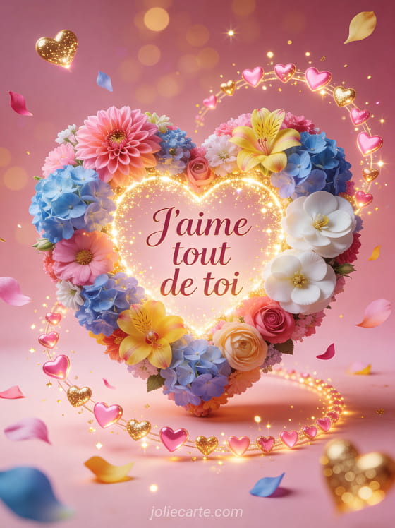 Grand cœur composé de centaines de fleurs colorées variées entouré de petits cœurs lumineux flottants et étincelles dorées et le texte J'aime tout de toi