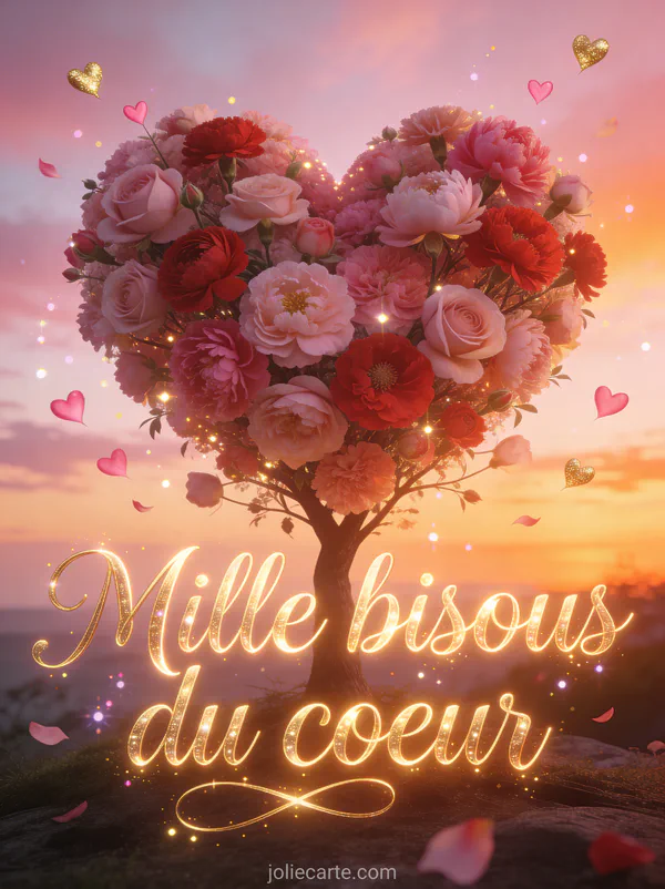 Arbre en forme de cœur fait de roses et pivoines sur fond de coucher de soleil avec des cœurs s'envolant des branches et le texte Mille bisous du cœur