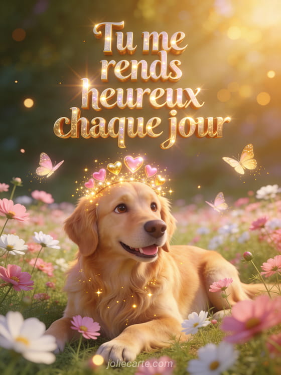 Chien golden retriever souriant dans un champ de cosmos roses avec couronne de petits cœurs lumineux et étincelles dorées et le texte Tu me rends heureux