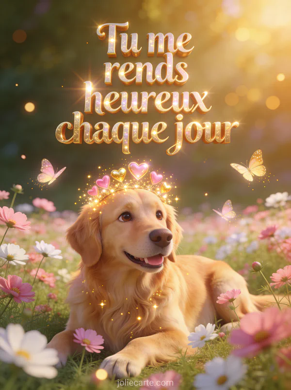 Chien golden retriever souriant dans un champ de cosmos roses avec couronne de petits cœurs lumineux et étincelles dorées et le texte Tu me rends heureux