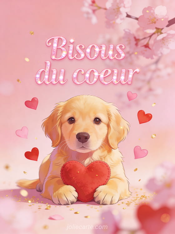 Chiot golden retriever tenant un cœur rouge en peluche avec des cœurs roses virevoltant et des fleurs de cerisier et le texte Bisous du cœur