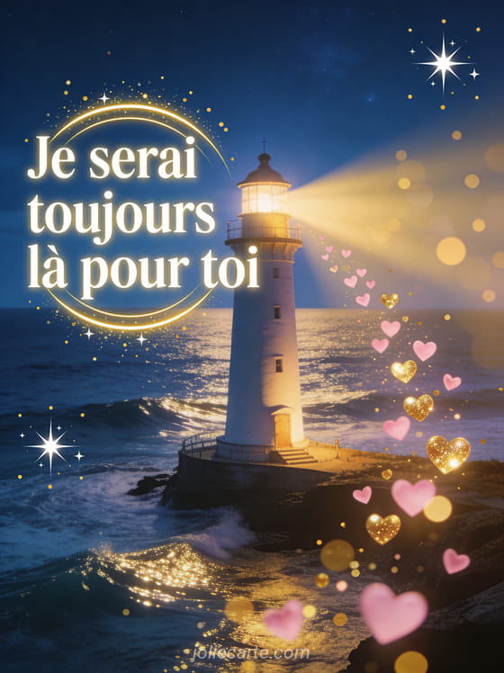 Phare illuminé dans la nuit étoilée avec cœurs lumineux dansant dans le faisceau de lumière et vagues scintillantes et le texte Je serai toujours là pour toi