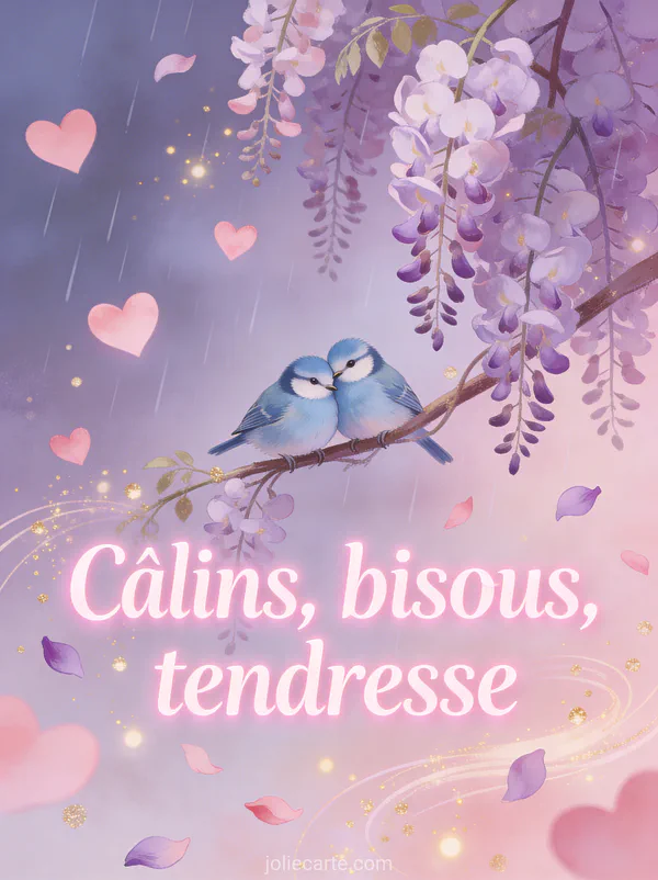 Deux mésanges bleues blotties sur une branche de glycine avec des cœurs roses et lilas et des particules dorées et le texte Câlins bisous tendresse