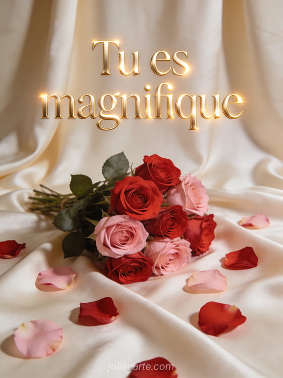 Bouquet de roses rouges et roses posé sur un tissu de soie ivoire avec le texte Tu es magnifique en lettres dorées