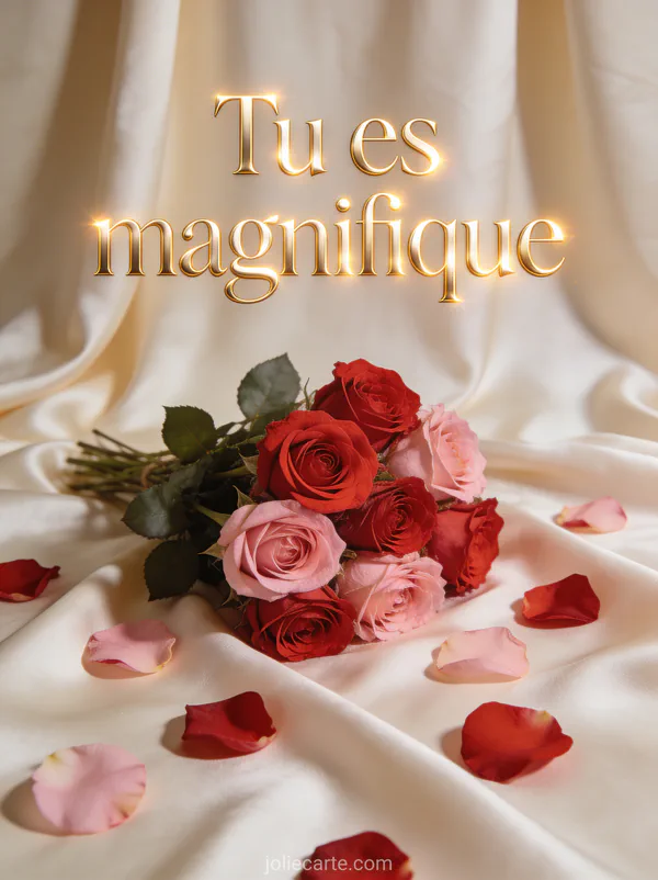 Bouquet de roses rouges et roses posé sur un tissu de soie ivoire avec le texte Tu es magnifique en lettres dorées