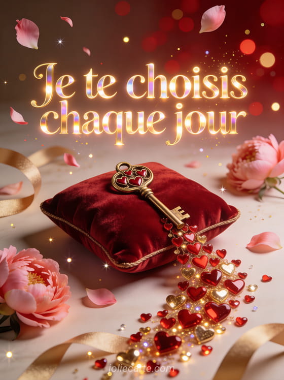 Clé dorée ornée de cœurs sur coussin de velours rouge avec cascade de petits cœurs scintillants et pétales de pivoines et le texte Je te choisis chaque jour