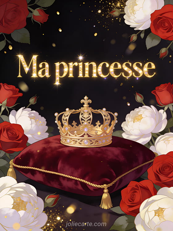Couronne dorée délicate posée sur un coussin de velours rouge entourée de roses rouges et pivoines blanches avec des paillettes dorées et le texte Ma princesse
