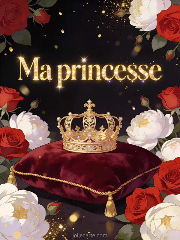 Couronne dorée délicate posée sur un coussin de velours rouge entourée de roses rouges et pivoines blanches avec des paillettes dorées et le texte Ma princesse