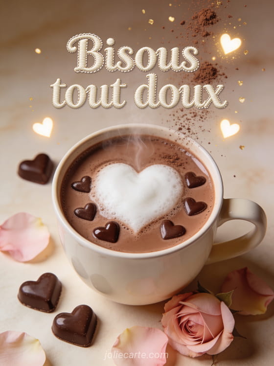 Tasse de chocolat chaud avec un cœur en mousse de lait entourée de cœurs en chocolat et de pétales de roses avec le texte Bisous tout doux